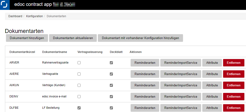 Dashboardansicht zum Konfigurieren der Dokumentarten