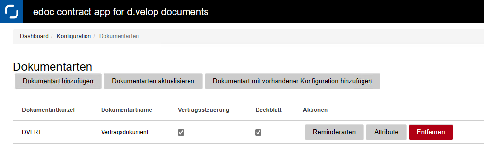 Dashboardansicht zum Konfigurieren der Dokumentarten
