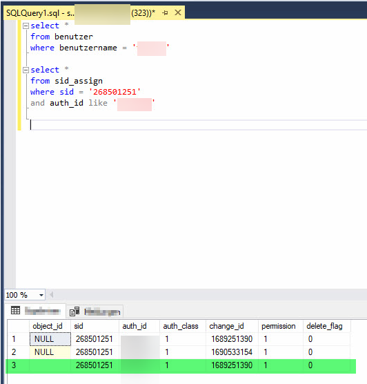 Zeigt einen fehlerhaften Eintrag für einen d.3-Benutzer nach einer SQL-Abfrage.