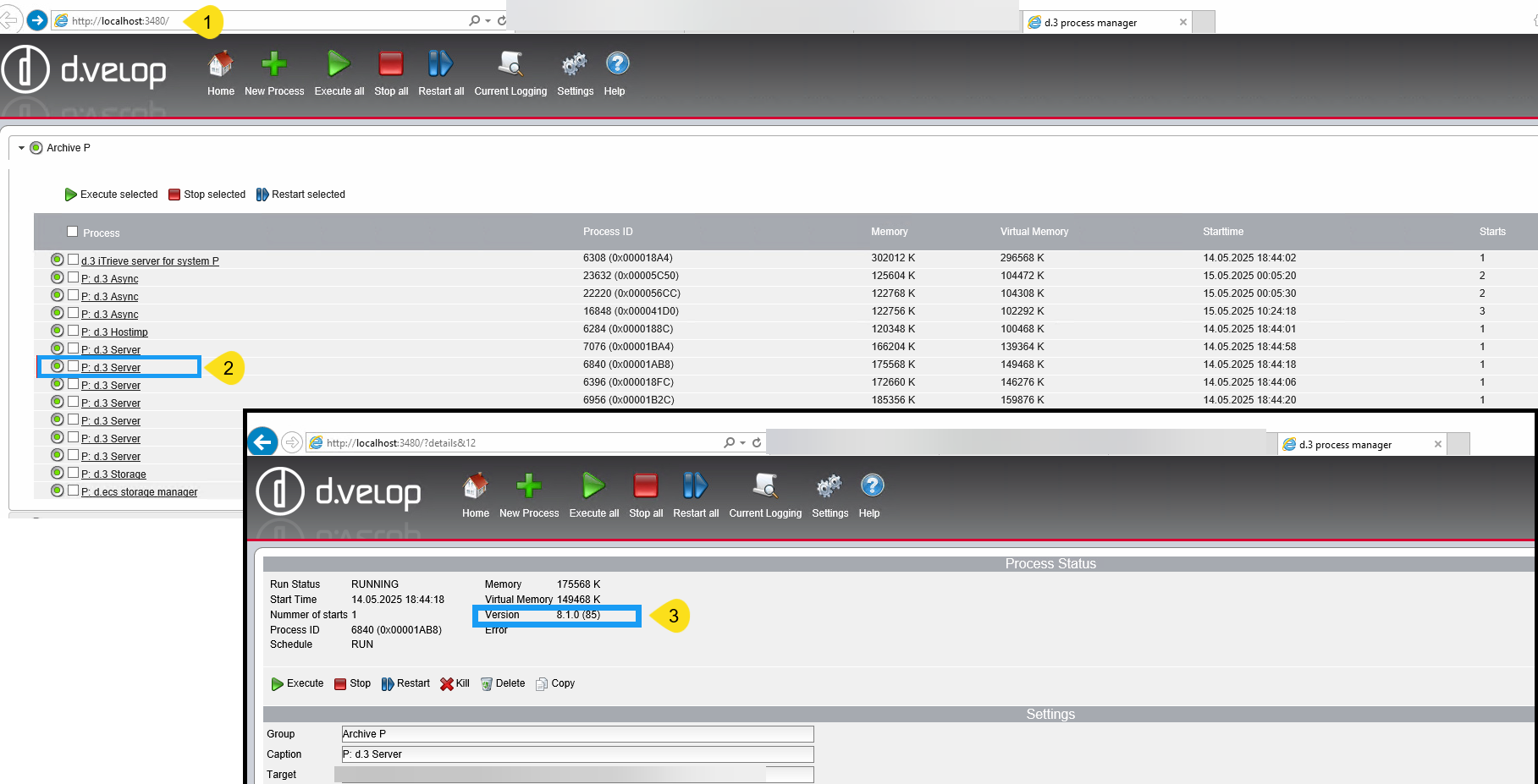 Zeigt, wie Sie die d.3-Version Ihrer On-Premises-Installation in d.3 process manager herausfinden.