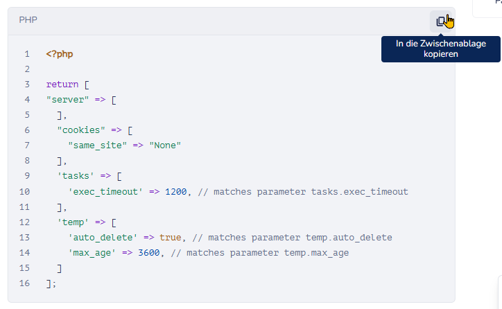 Zeigt, wie Sie den Inhalt einer Codebox mit einem Klick kopieren.