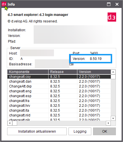 Zeigt, wie Sie die d.3-Version Ihrer On-Premises-Installation in d.3 smart explorer herausfinden.