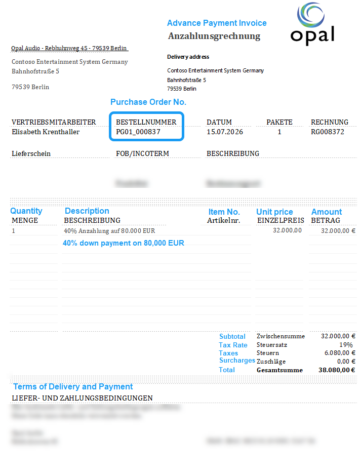 Zeigt ein Beispiel für eine übliche Anzahlungsrechnung in Deutschland an..