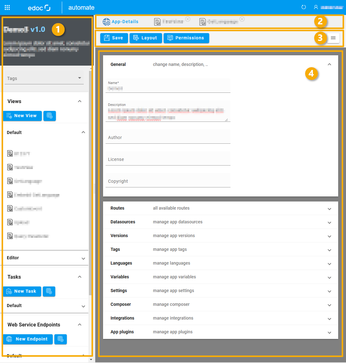 Zeigt den Editor an, mit dem ein App-Projekt in edoc automate bearbeitet wird.