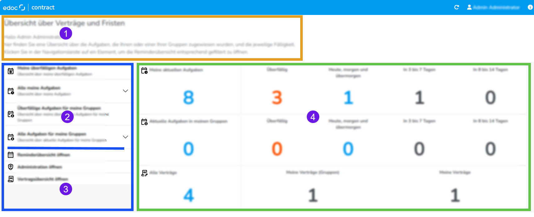 Zeigt die Aufteilung der Startseite von edoc contract an.