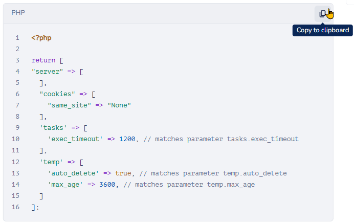 Zeigt, wie Sie den Inhalt einer Codebox mit einem Klick kopieren.