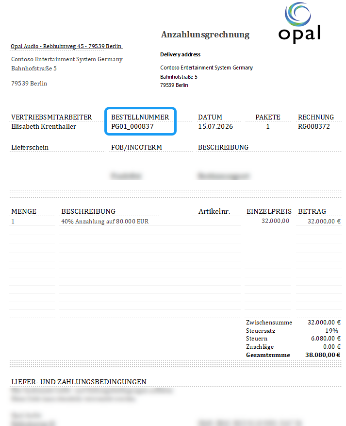 Zeigt ein Beispiel für eine übliche Anzahlungsrechnung in Deutschland an..