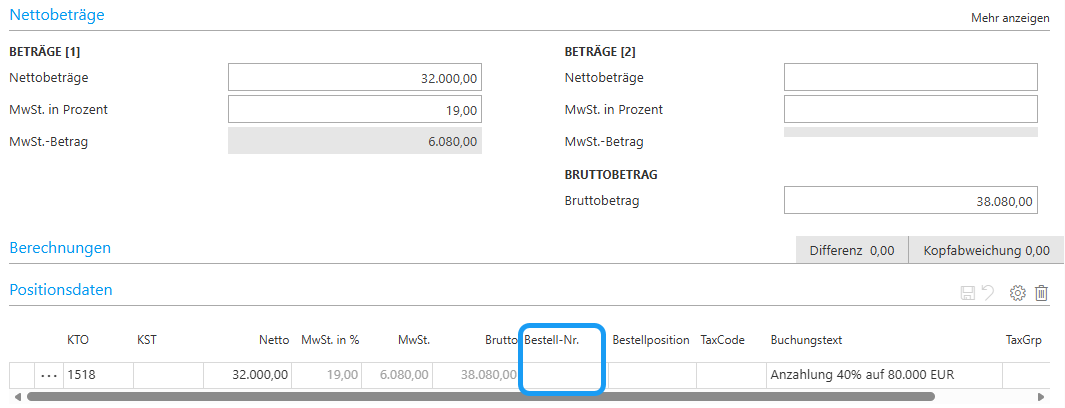 Zeigt das edoc invoice-Erfassungsformular ohne Bestellnummer an.